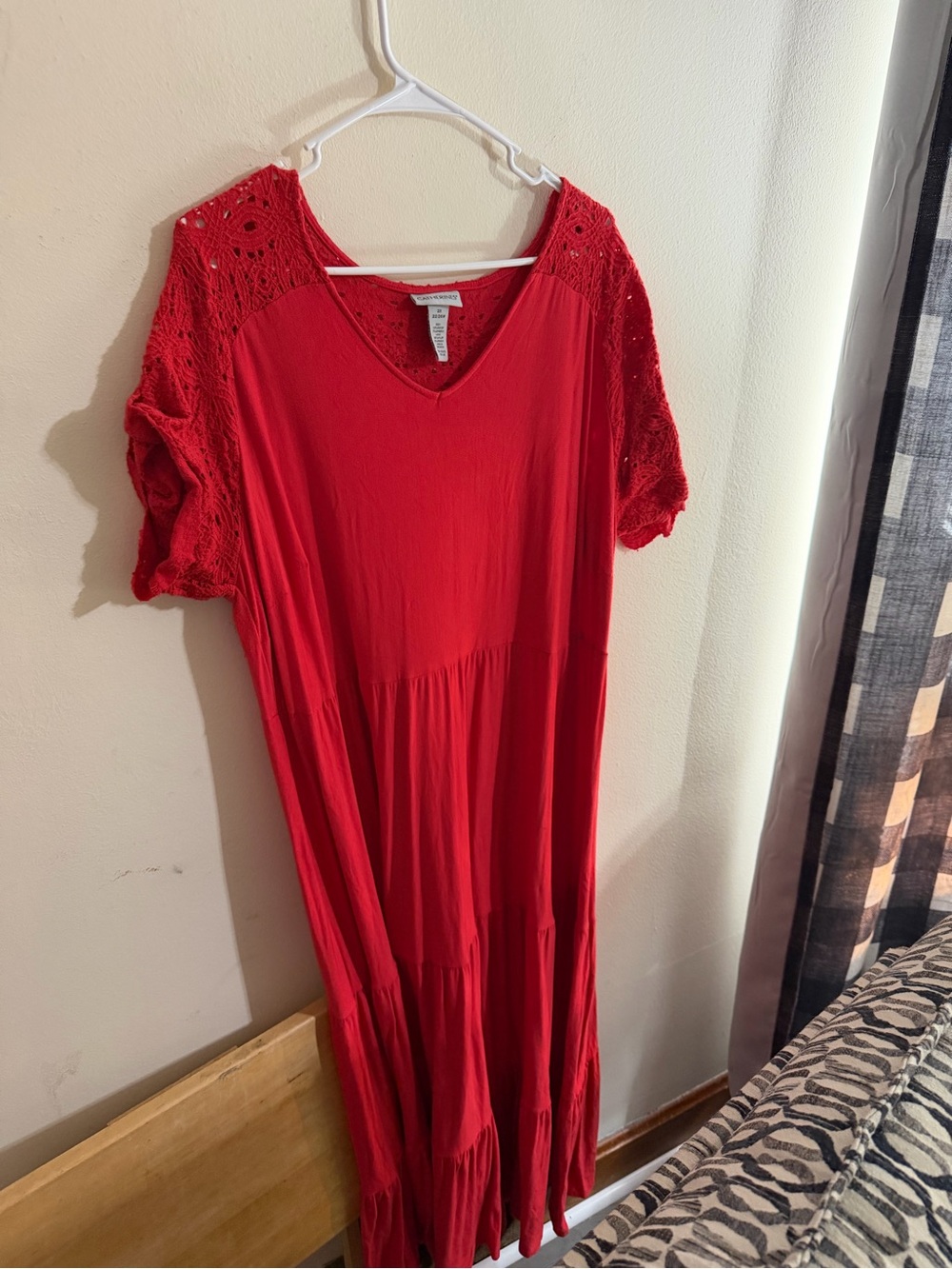 Catherines Red V-Neck Crochet Sleeve Tiered Maxi Dress
